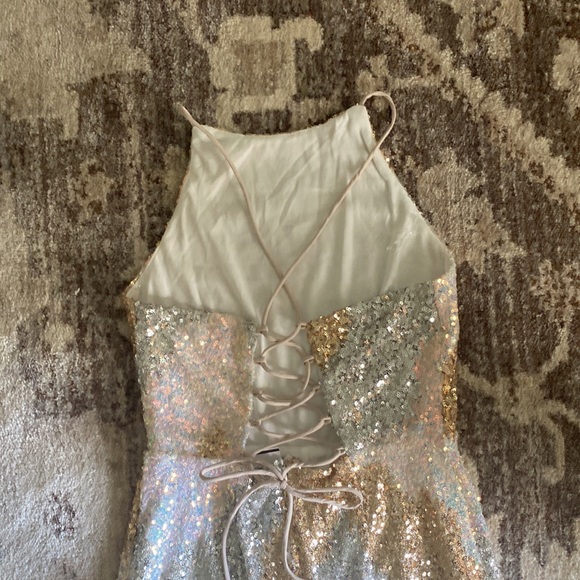 Main strip Sequin Jumpsuit. Gold, Light blue, Light pink, and white chevron. - Picture 4 of 6